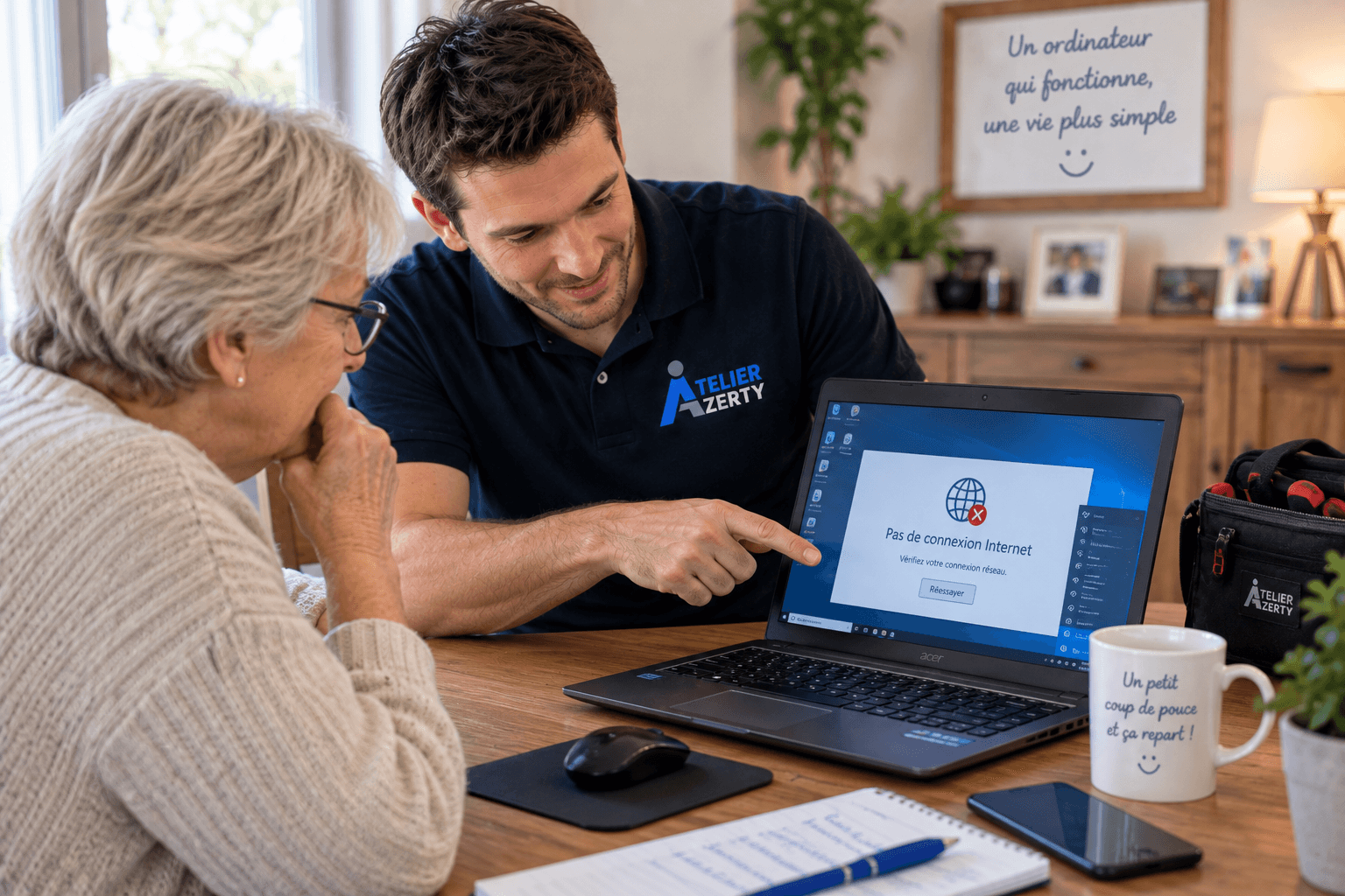 Alexis aide une cliente à résoudre un problème de connexion Internet sur son ordinateur portable
