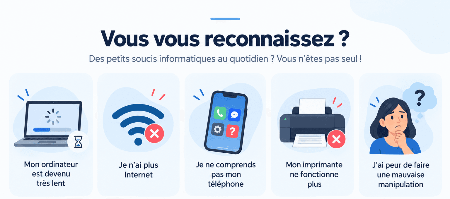 Vous vous reconnaissez ? Ordinateur lent, plus d'Internet, téléphone incompris, imprimante en panne, peur de mal manipuler : vous n'êtes pas seul.