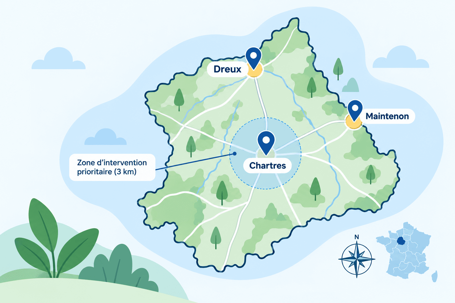 Carte illustrée de la zone d'intervention : Chartres, Dreux, Maintenon et l'Eure-et-Loir